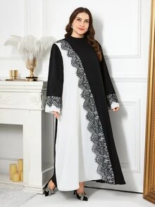 Al Najma Casual Minimalist Colorblock Lace Trim Stand Collar Long Sleeve Loose Regular Fit Plus Size Women's Arabian Dress Spring Autumn - Multicolor - View 6