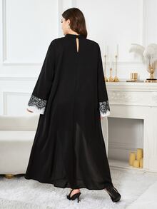 Al Najma Casual Minimalist Colorblock Lace Trim Stand Collar Long Sleeve Loose Regular Fit Plus Size Women's Arabian Dress Spring Autumn - Multicolor - View 2