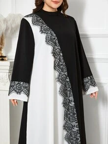 Al Najma Casual Minimalist Colorblock Lace Trim Stand Collar Long Sleeve Loose Regular Fit Plus Size Women's Arabian Dress Spring Autumn - Multicolor - View 3