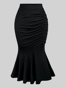 Sweetra CURVE Plus Ruched Mermaid Hem Maxi Skirt Fall - Black - View 1