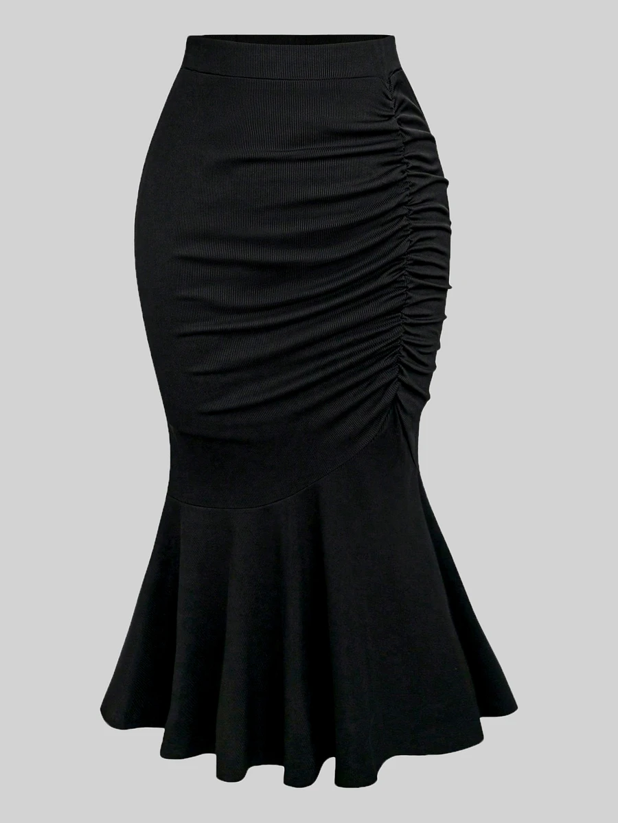 Sweetra CURVE Plus Ruched Mermaid Hem Maxi Skirt Fall - Black - View 1