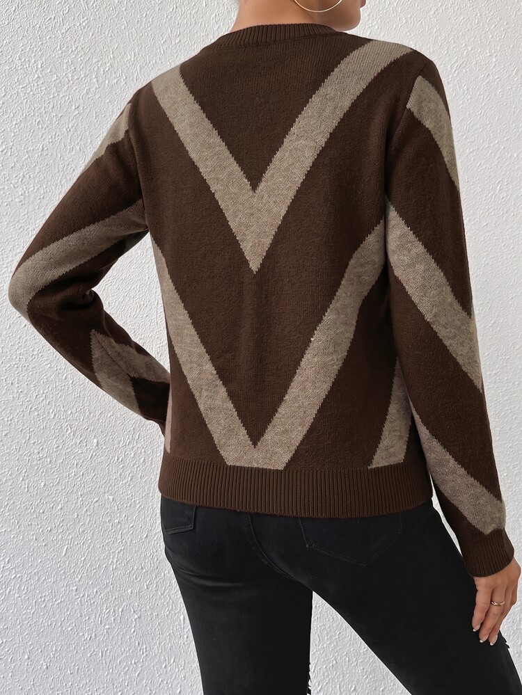 SHEIN PariChic Autumn/Winter New Rhombus Striped Pullover Sweater Thanksgiving Brunch Dark Brown Retro Casual - Multicolor - View 3