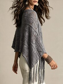Breezaya Poncho Sweater Wanita dengan Rumbai Asimetris, Gaya Liburan Kasual, Musim Gugur/Dingin - Grey - View 2
