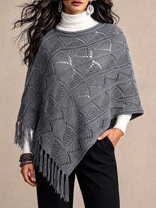 Breezaya Poncho Sweater Wanita dengan Rumbai Asimetris, Gaya Liburan Kasual, Musim Gugur/Dingin - Grey - View 1