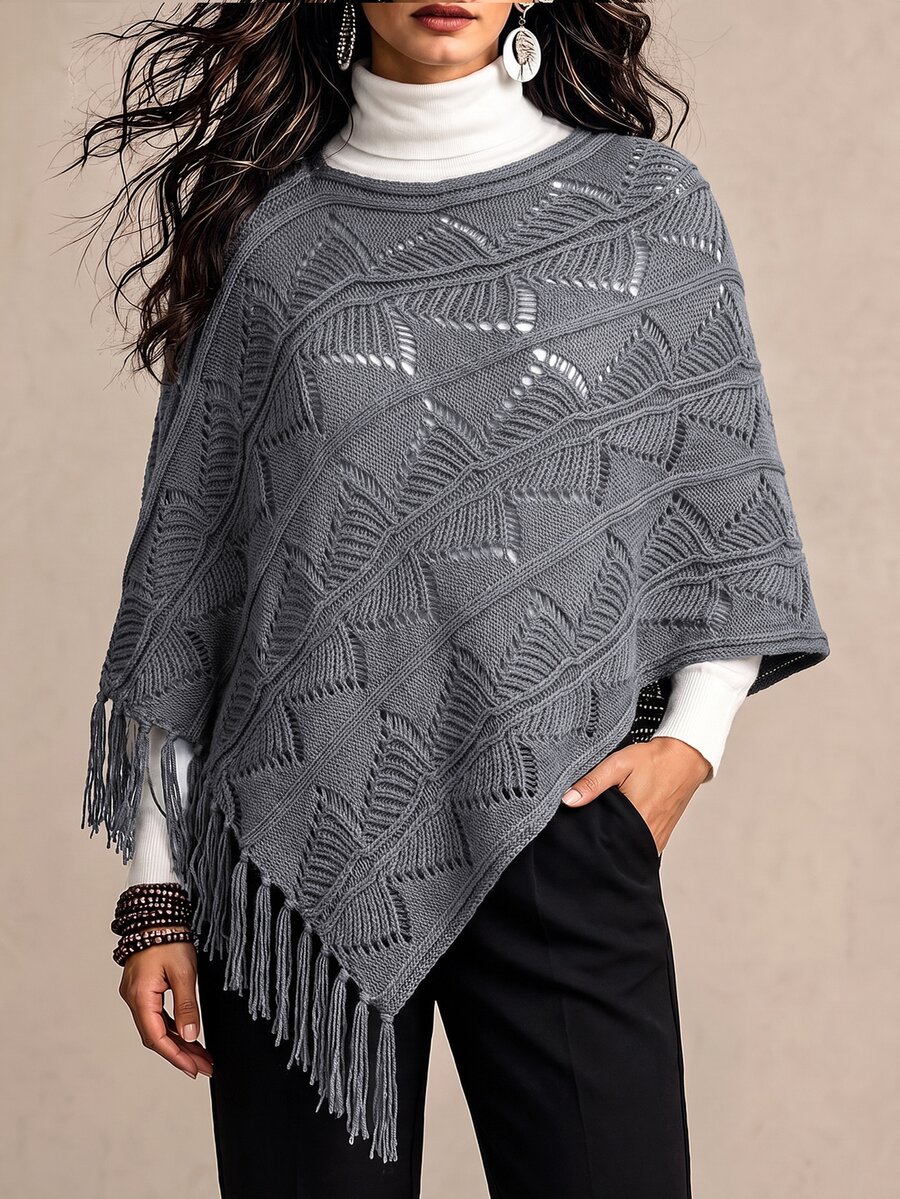 Breezaya Poncho Sweater Wanita dengan Rumbai Asimetris, Gaya Liburan Kasual, Musim Gugur/Dingin - Grey - View 1
