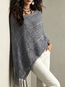 Breezaya Poncho Sweater Wanita dengan Rumbai Asimetris, Gaya Liburan Kasual, Musim Gugur/Dingin - Grey - View 4