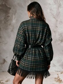 Solivie 女款秋季格紋洋裝，流蘇下擺，休閒日常穿搭 - 綠色 - 查看 2