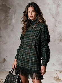 Solivie 女款秋季格紋洋裝，流蘇下擺，休閒日常穿搭 - 綠色 - 查看 7