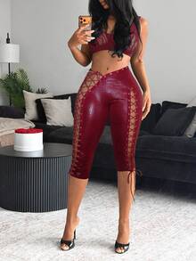 SHEIN BamGlam 女款性感 PU 綁帶式穿孔七分緊身褲 - 酒紅色 - 查看 2