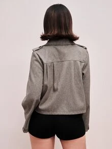 ROMWE Kawaii Blus Wanita Model A-Line Kancing Lipit Lengan Panjang yang Imut - Coklat - View 4