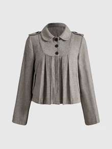 ROMWE Kawaii Blus Wanita Model A-Line Kancing Lipit Lengan Panjang yang Imut - Coklat - View 1