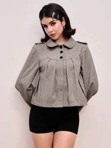 ROMWE Kawaii Blus Wanita Model A-Line Kancing Lipit Lengan Panjang yang Imut - Coklat - View 3