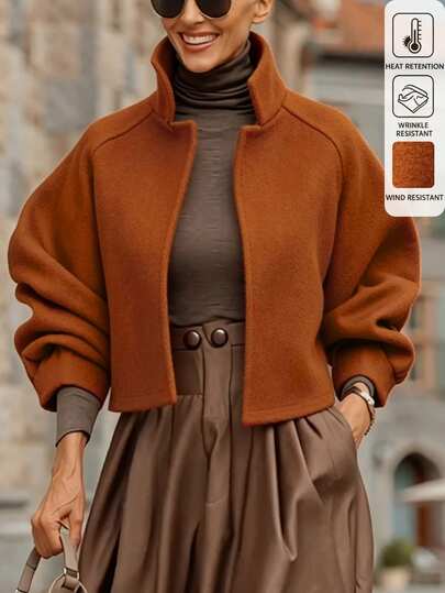 Balvessa Women's Caramel Stand Collar Short Coat, JacketRaglan Batwing Sleeve, Loose Fit Autumn Winter Outerwear