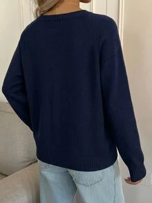 CovetEZ 女款藍色圓領寬鬆針織毛衣，休閒舒適，飾有美國國旗與熊圖案 - 藏蓝色 - 查看 2