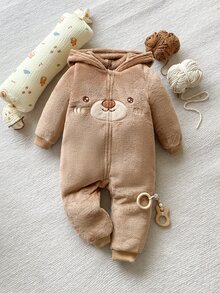 PrepCrw 1件男嬰卡通兔子圖案3D耳朵連帽保暖內裡中厚連身衣，適合室內、日常、運動、拍照、節日，秋冬款 - 棕色 - 查看 6