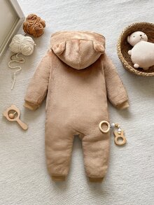 PrepCrw 1件男嬰卡通兔子圖案3D耳朵連帽保暖內裡中厚連身衣，適合室內、日常、運動、拍照、節日，秋冬款 - 棕色 - 查看 2