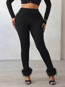BamGleam Women's Slim Feather Trim Leggings Fall Cloth For Women - Black - View 8