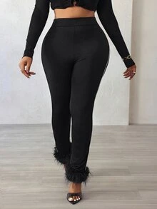 BamGleam Women's Slim Feather Trim Leggings Fall Cloth For Women - Black - View 7