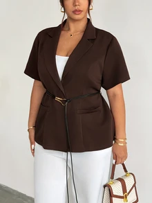 Firerie Blazer Kasual Wanita Ukuran Besar Warna Polos Kerah Berlengan Pendek Kancing Tunggal untuk Pakaian Kerja Kantor Profesional Musim Gugur/Dingin - Coffee Brown - View 4