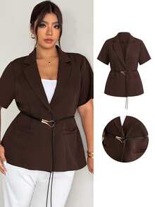 Firerie Blazer Kasual Wanita Ukuran Besar Warna Polos Kerah Berlengan Pendek Kancing Tunggal untuk Pakaian Kerja Kantor Profesional Musim Gugur/Dingin - Coffee Brown - View 6