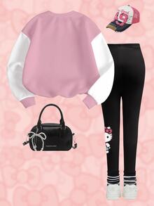 HELLO KITTY AND FRIENDS | SHEIN 女童字母卡通印花休閒運動衫與緊身褲套裝 - 白色 - 查看 2
