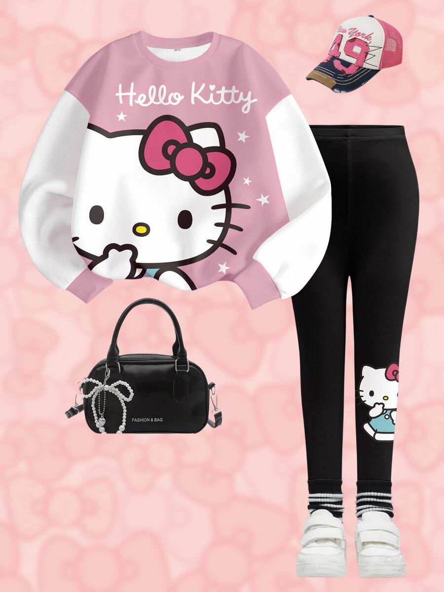 HELLO KITTY AND FRIENDS | SHEIN 女童字母卡通印花休閒運動衫與緊身褲套裝 - 白色 - 查看 1
