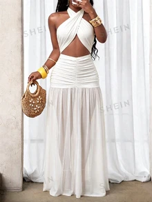 SHEIN Foxxy Gaun Wanita Ekstra Panjang dengan Leher Menyeret, Detail Jala, dan Punggung Berkerut, Tanpa Lengan, Cocok untuk Liburan Pantai, Warna Putih, Musim Panas, dan Tropis. - Putih - View 6