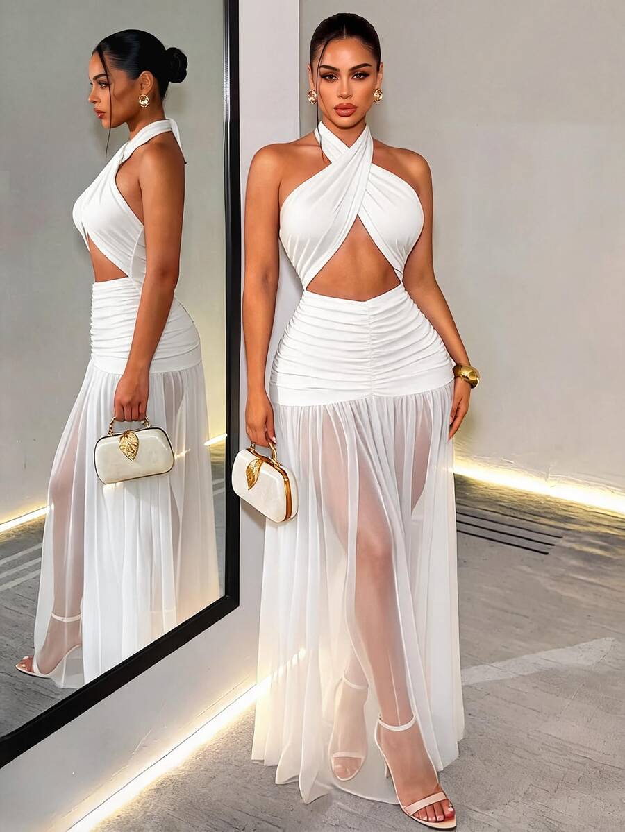 SHEIN Foxxy Gaun Wanita Ekstra Panjang dengan Leher Menyeret, Detail Jala, dan Punggung Berkerut, Tanpa Lengan, Cocok untuk Liburan Pantai, Warna Putih, Musim Panas, dan Tropis. - Putih - View 1