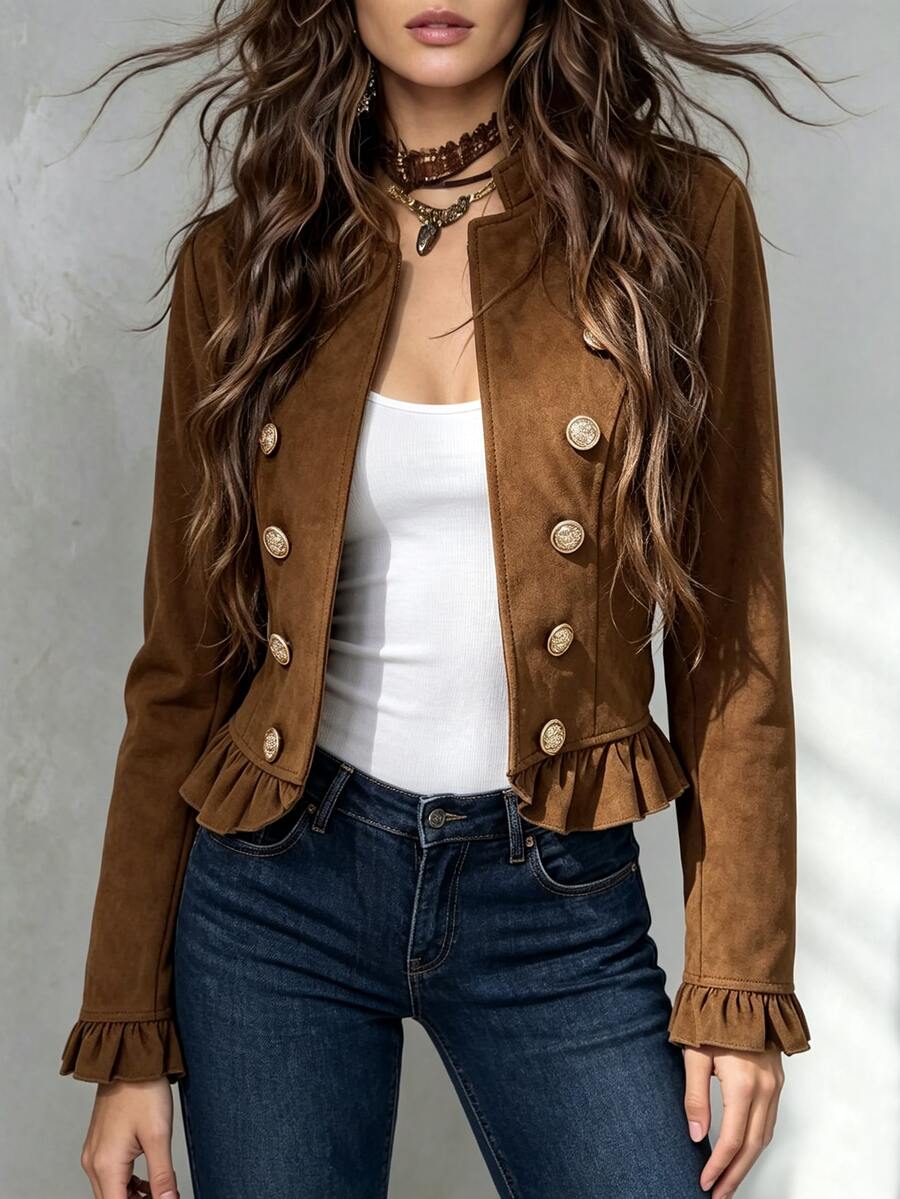 LUMIGAL Women's Vintage Elegant Double-Breasted Stand Collar Suede Velvet Waist-Cinching Jacket Everyday Brown Autumn - Brown - View 1