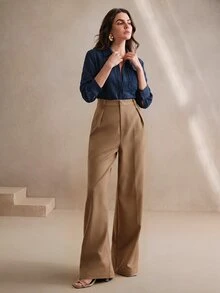 Anewsta 女款優雅休閒風秋季亞麻領口長袖修身蕾絲鏤空拼接設計襯衫，適合辦公室，海軍藍 - 藏蓝色 - 查看 6