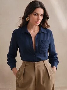Anewsta 女款優雅休閒風秋季亞麻領口長袖修身蕾絲鏤空拼接設計襯衫，適合辦公室，海軍藍 - 藏蓝色 - 查看 5