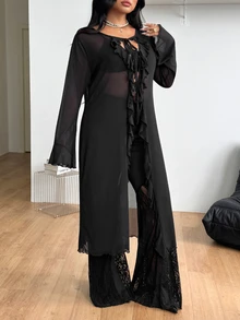Coolane 女款大尺碼秋季優雅西式街頭風休閒性感正式度假外出夜店 Y2K Gyaru 透氣網紗荷葉邊緞帶黑色長版大衣 - 黑色 - 查看 6