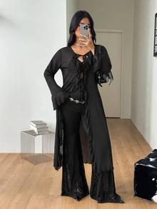 Coolane 女款大尺碼秋季優雅西式街頭風休閒性感正式度假外出夜店 Y2K Gyaru 透氣網紗荷葉邊緞帶黑色長版大衣 - 黑色 - 查看 3