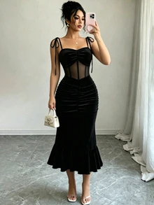 Balvessa Women's Solid Color Velvet Spaghetti Strap Midi Dress With Mesh Waist Ruched Hip Elegant Party - Black - View 3