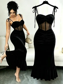 Balvessa Women's Solid Color Velvet Spaghetti Strap Midi Dress With Mesh Waist Ruched Hip Elegant Party - Black - View 1
