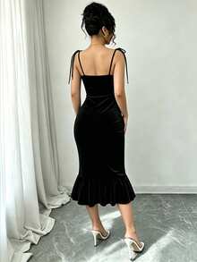 Balvessa Women's Solid Color Velvet Spaghetti Strap Midi Dress With Mesh Waist Ruched Hip Elegant Party - Black - View 2