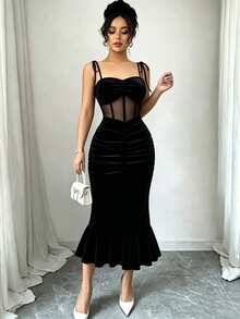 Balvessa Women's Solid Color Velvet Spaghetti Strap Midi Dress With Mesh Waist Ruched Hip Elegant Party - Black - View 6