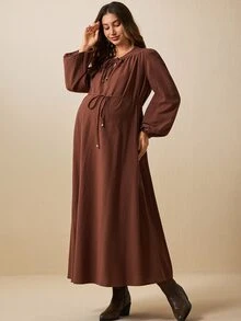 Boho Mama Maternity Vacation Casual Solid Color Dress - Brown - View 6