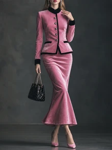 LUMIGAL 2026 Fall/Winter Elegant Vintage Pink Velvet-Look Contrast Trim Long Sleeve Button Detail, Wedding Guest Party Jacket & Mermaid Maxi Skirt 2 Pieces Set - Baby Pink - View 5