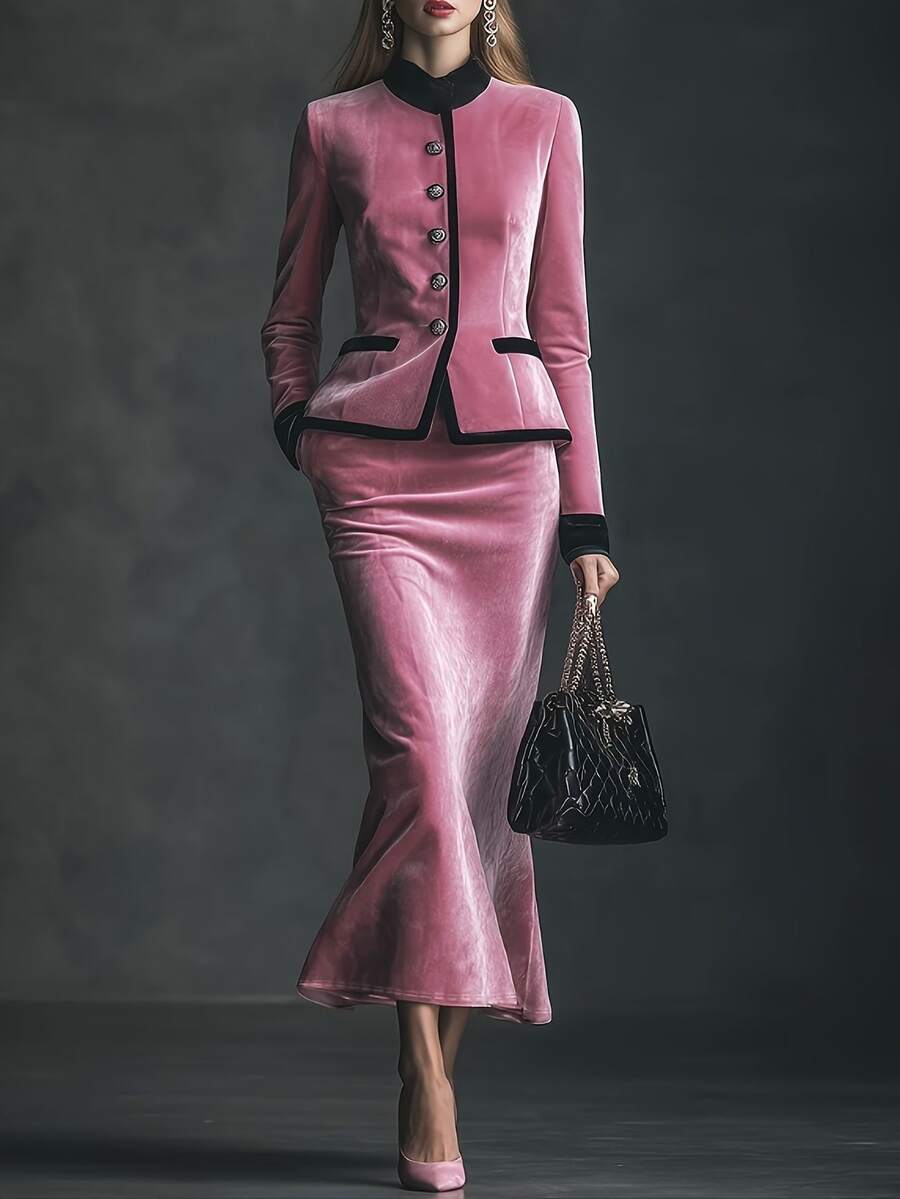 LUMIGAL 2026 Fall/Winter Elegant Vintage Pink Velvet-Look Contrast Trim Long Sleeve Button Detail, Wedding Guest Party Jacket & Mermaid Maxi Skirt 2 Pieces Set