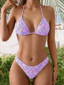 SHEIN Swim 印花泳衣，販售版（分體套裝）適合夏季海灘度假 - 彩色 - 查看 1