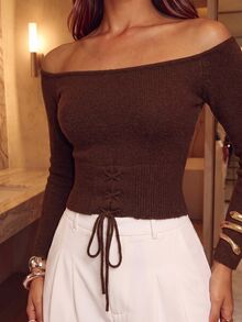 SHEIN Unity Women's Cold Shoulder Drawstring Tie Knit Sweater Night Out Dinner Going Out Party Dark Brown Fall Sexy - Coffee Brown - View 2