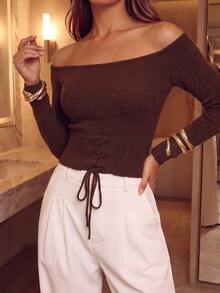 SHEIN Unity Women's Cold Shoulder Drawstring Tie Knit Sweater Night Out Dinner Going Out Party Dark Brown Fall Sexy - Coffee Brown - View 8