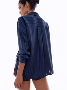 MOTF PREMIUM FRENCH STRIPED V-NECK LOOSE TIE-FRONT BLOUSE - Navy Blue - View 3