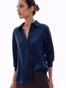 MOTF PREMIUM FRENCH STRIPED V-NECK LOOSE TIE-FRONT BLOUSE - Navy Blue - View 4