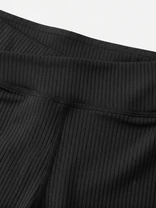 SHEIN 青少年女孩不對稱腰線羅紋針織單車短褲 健身運動黑色夏季端莊休閒 - 黑色 - 查看 4