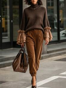 SHEIN Maillard High Neck Knit Patchwork Ruffle Satin Cuff Top + Caramel Corduroy Jogger Pants 2 Pieces Set - Brown - View 4