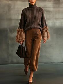 SHEIN Maillard High Neck Knit Patchwork Ruffle Satin Cuff Top + Caramel Corduroy Jogger Pants 2 Pieces Set - Brown - View 1