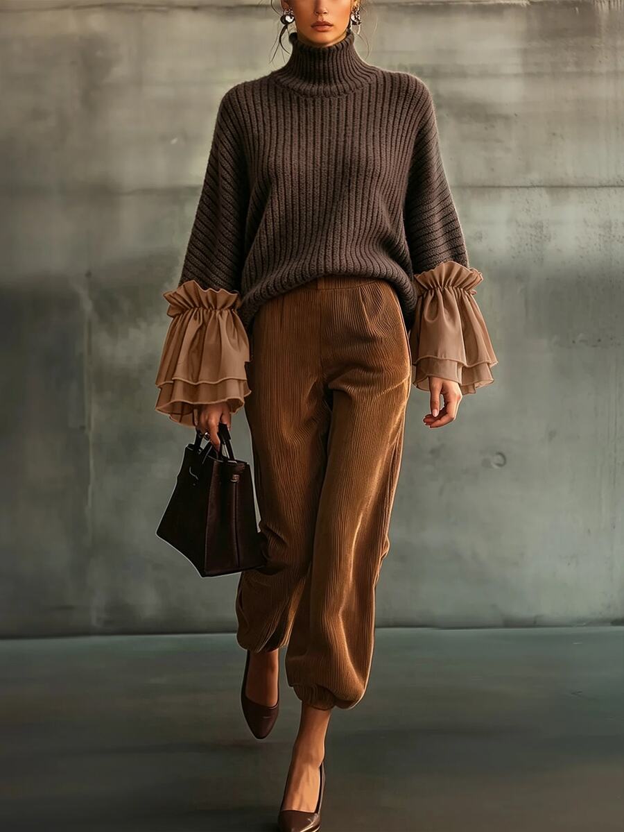 SHEIN Maillard High Neck Knit Patchwork Ruffle Satin Cuff Top + Caramel Corduroy Jogger Pants 2 Pieces Set - Brown - View 1