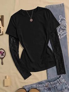SHEIN Hitam Kasual Kidcore Grafis Lengan Panjang Remaja Perempuan Motif Leopard Manis Bergaya Formal Sekolah Musim Gugur - Hitam - View 2